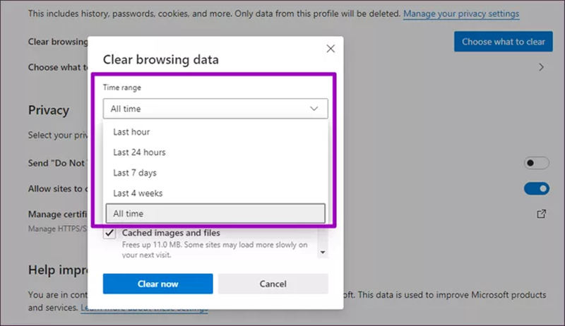 Edge Clear Browsing Data Interface