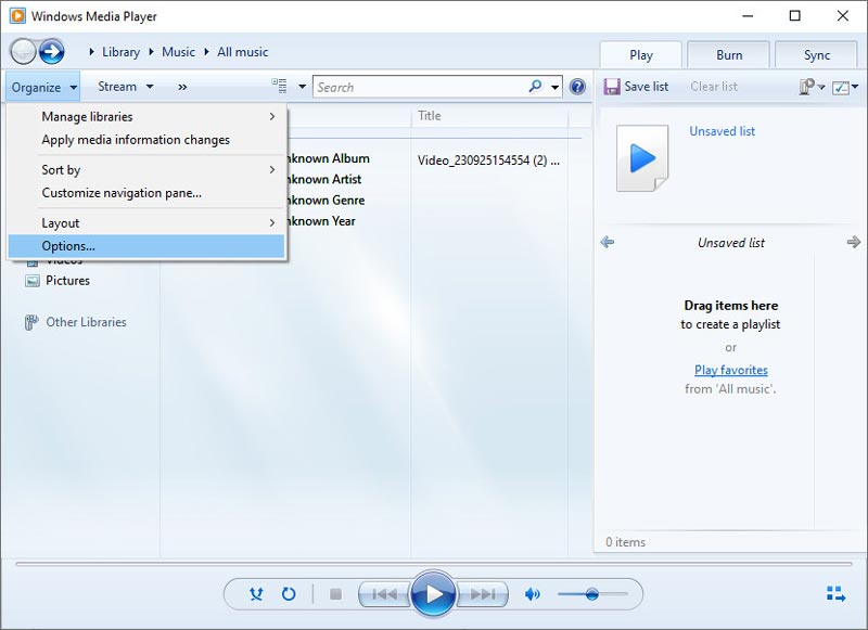 Organize Options