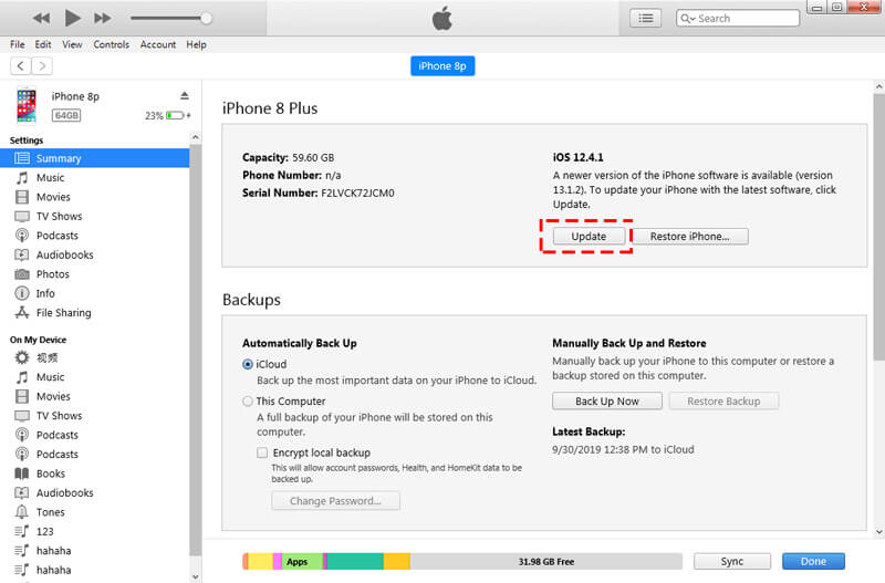 Update iPhone in iTunes